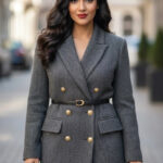 Women’s Gray Herringbone Belted Blazer Coat – Double-Breasted Tailored Boutique Outerwear - helixorae