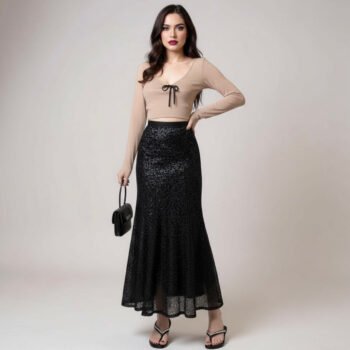 Elegant Black Sequin Mermaid Midi Skirt | High-Waist Evening & Special Occasion Skirt - helixorae