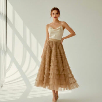 Champagne Layered Tulle Ruffle Maxi Skirt - helixorae