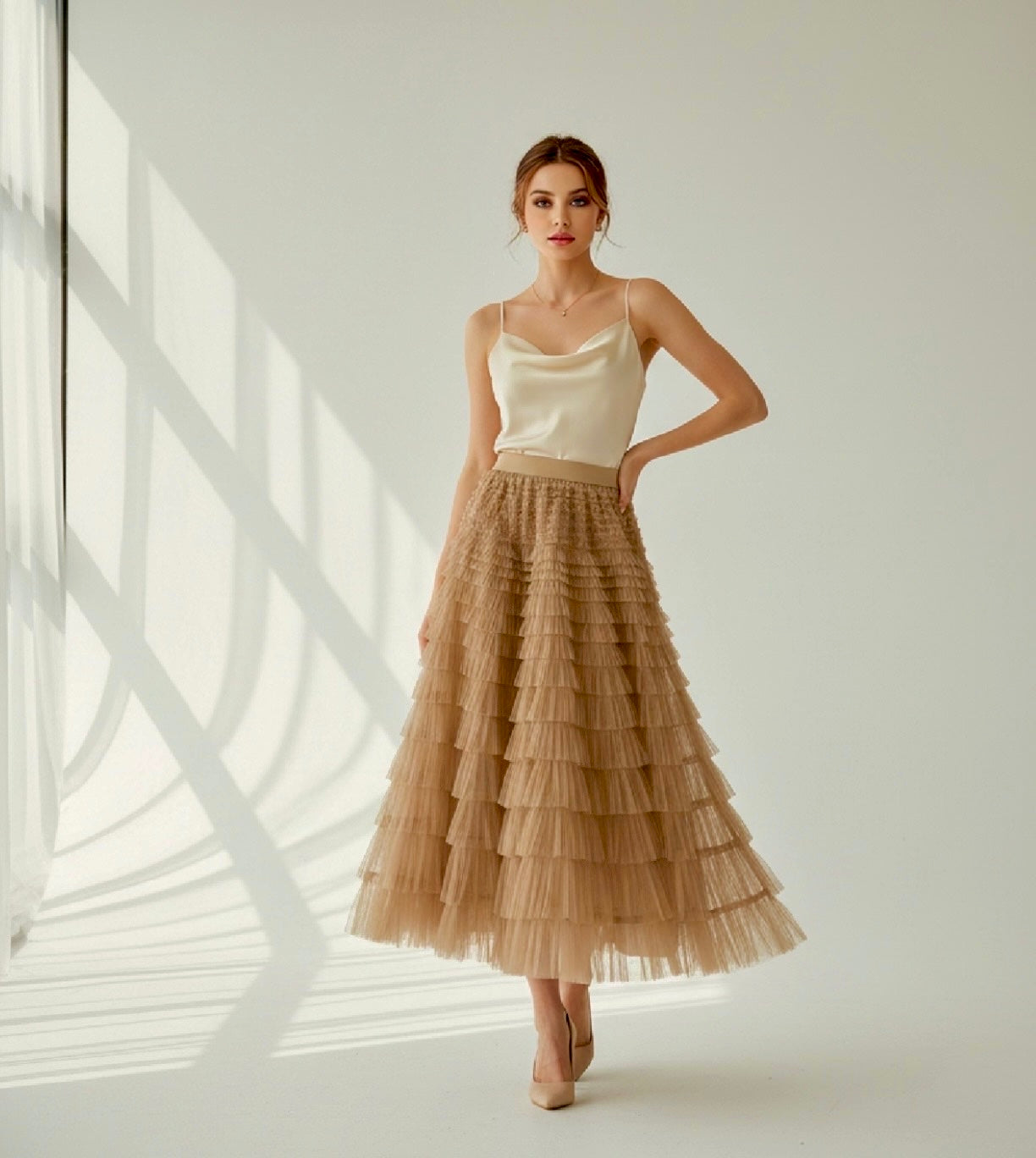 Champagne Layered Tulle Ruffle Maxi Skirt - helixorae
