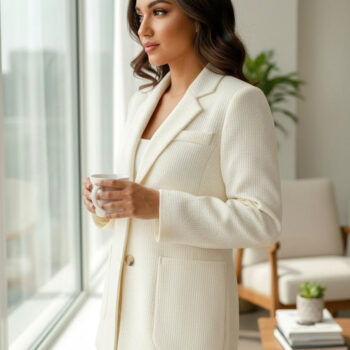Elegant Ivory Textured Tailored Blazer for Women | Single-Breasted Chic Office & Casual Jacket - helixorae