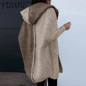 Two Tone Hooded Knit Cardigan for Women | Long Winter Patchwork Sweater | helixorae - helixorae