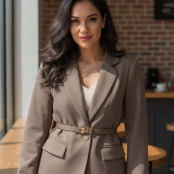 Women’s Belted Tailored Blazer – Elegant Long Sleeve Cream Office Jacket - helixorae