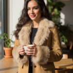 Women’s Suede Jacket with Faux Fur Collar & Cuffs – Luxury Camel Winter Boutique Coat - helixorae
