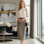 Elegant High-Waist Taupe Midi Pencil Skirt | Minimalist Chic Office & Everyday Wear - helixorae