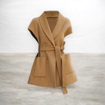 Women’s Camel Sleeveless Belted Vest Coat – Elegant Tailored Longline Waistcoat with Pockets - helixorae
