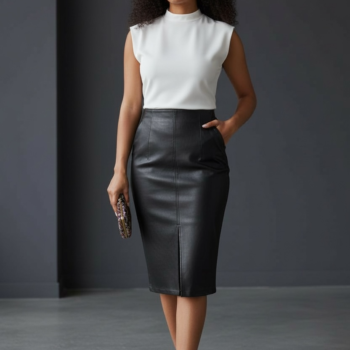 Black Faux Leather High-Waist Midi Pencil Skirt with Front Slit – Sleek Bodycon Fit - helixorae