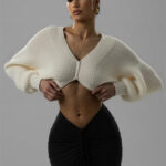 Luxury Ribbed Knit Cropped Cardigan Top – V-Neck Balloon Sleeve Sweater - helixorae