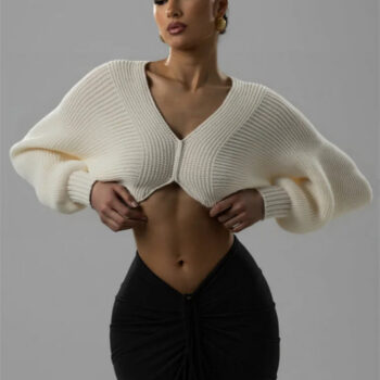 Luxury Ribbed Knit Cropped Cardigan Top – V-Neck Balloon Sleeve Sweater - helixorae