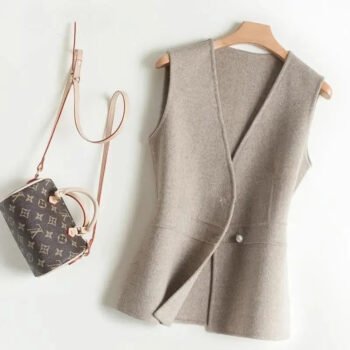 Women’s Taupe Sleeveless Wrap Vest – Elegant Pearl Button Tailored Waistcoat - helixorae