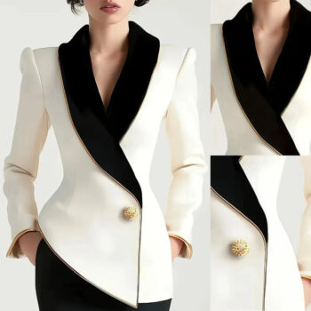 Women’s Elegant Asymmetrical White Blazer with Black Contrast Lapels – Luxury Slim Fit Office Blazer Jacket for Women | helixorae - helixorae