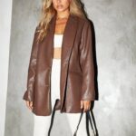 Women’s Oversized Vegan Leather Blazer – Single Breasted Faux Leather Jacket with Pockets - helixorae