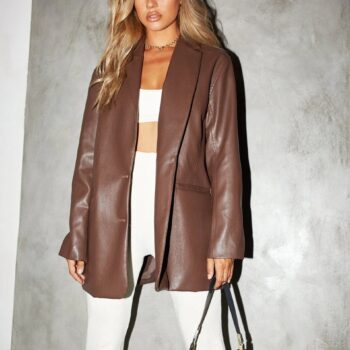 Women’s Oversized Vegan Leather Blazer – Single Breasted Faux Leather Jacket with Pockets - helixorae