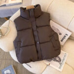 Women’s Brown Puffer Vest – Sleeveless Quilted Winter Waistcoat | Button-Up High Collar Warm Vest - helixorae