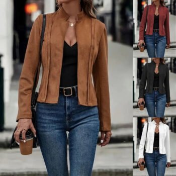 Women’s Faux Suede Cropped Jacket – Modern Minimal Zip-Up Jacket for Fall & Spring - helixorae