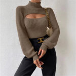 Ribbed Cut-Out Turtleneck Long Sleeve Sweater Top - helixorae