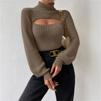Ribbed Cut-Out Turtleneck Long Sleeve Sweater Top - helixorae