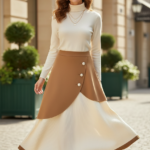 Elegant Ivory High-Waist Midi Skirt with Gold Buttons | Luxury Classic A-Line Skirt - helixorae