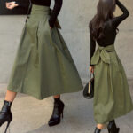 Elegant Olive Green High-Waist Bow-Tie Midi Skirt – A-Line Wrap Skirt for Women | Chic Casual & Dressy Outfit - helixorae