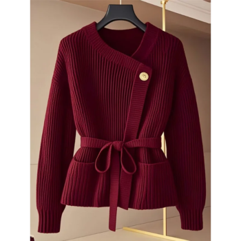 Women’s Belted Ribbed Knit Cardigan – Wrap Style Long Sleeve Elegant Sweater - helixorae