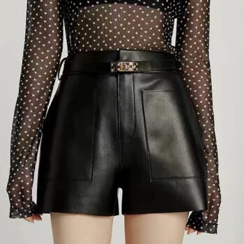 High-Waist Faux Leather Tailored Shorts with Belt & Pockets – Luxury PU Leather Chic Fit - helixorae