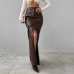 Luxury High-Waist Faux Leather Midi Skirt with Front Slit – Elegant Tailored Fit - helixorae