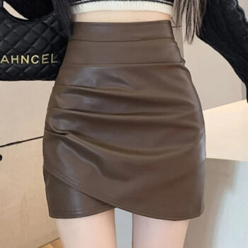 High-Waist Faux Leather Bodycon Mini Skirt – Ruched Slim Fit PU Leather Wrap Skirt for Women - helixorae