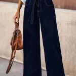 High-Waist Wide-Leg Denim Trousers with Tie Belt – Dark Wash Elegant Jeans - helixorae