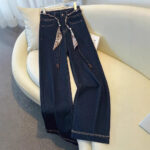 Luxury High-Waist Wide-Leg Denim Jeans with Boho Scarf Tie & Beaded Drawstring | helixorae - helixorae