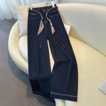 Luxury High-Waist Wide-Leg Denim Jeans with Boho Scarf Tie & Beaded Drawstring | helixorae - helixorae