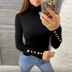 Women’s Ribbed Turtleneck Top with Gold Button Cuffs – Long Sleeve Slim Fit Knit - helixorae
