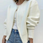Women’s Pearl Trim Knit Cardigan – Elegant Open Front Long Sleeve Chic Sweater - helixorae