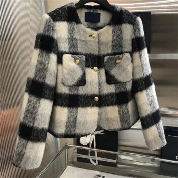 Women’s Plaid Textured Jacket with Gold Buttons – Structured O-Neck Statement Coat | Autumn Winter Luxe Outerwear - helixorae