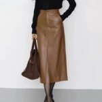 Brown Faux Leather Midi Skirt with Front Slit – High-Waist Vegan Leather Pencil Skirt - helixorae