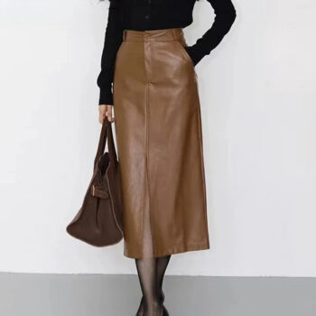 Brown Faux Leather Midi Skirt with Front Slit – High-Waist Vegan Leather Pencil Skirt - helixorae